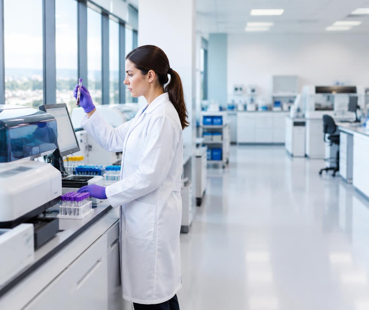 A scientist working in a bright clinical laboratory